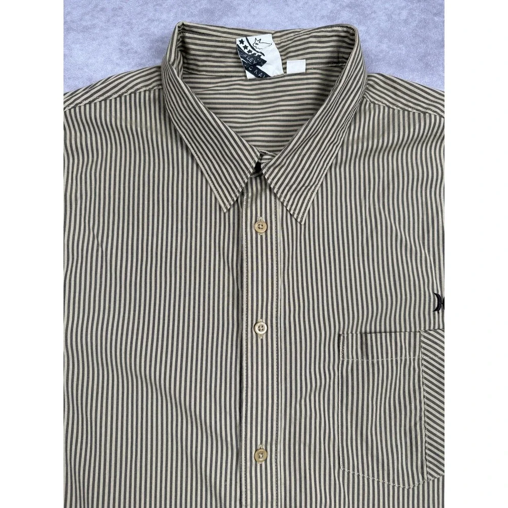 Hurley Shirt Mens XL Beige Brown Striped Button Up Long Sleeve Pocket Skater‎